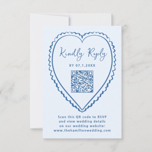Whimsical Blue Heart QR Code Wedding RSVP Karte (Vorderseite)