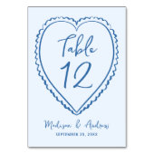 Whimsical Blue Heart Wedding Tischnummer (Vorderseite)