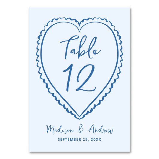 Whimsical Blue Heart Wedding Tischnummer (Vorderseite)