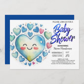 Whimsical Blue Hearts Watercolor Boy Baby Dusche Einladung (Vorne/Hinten)