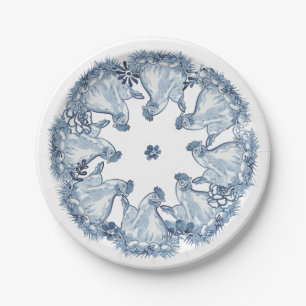 Whimsical Blue Hen Chicken, Nest Watercolor Delft Pappteller