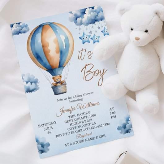 Whimsical Blue Hot Air Ballon Baby Boy Dusche Einladung
