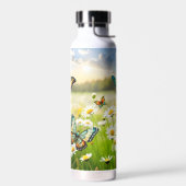 Whimsical Blue Orange Butterflies in Daisy Meadow Trinkflasche (Links)