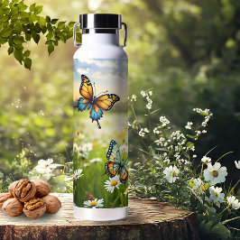 Whimsical Blue Orange Butterflies in Daisy Meadow Trinkflasche