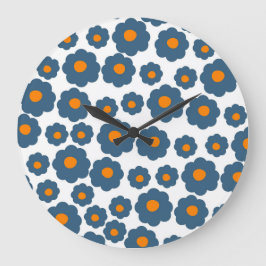 Whimsical Blue & Orange Floral Retro, fröhlich Große Wanduhr