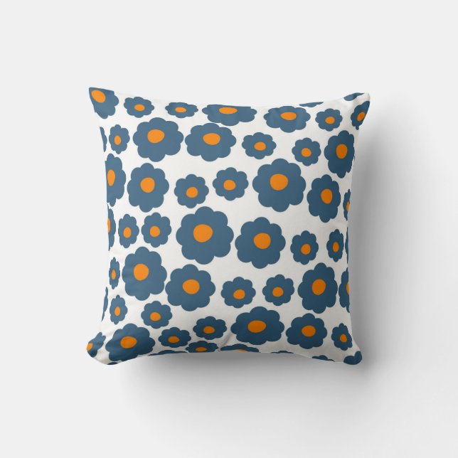 Whimsical Blue & Orange Floral Retro, fröhlich Kissen (Vorderseite)