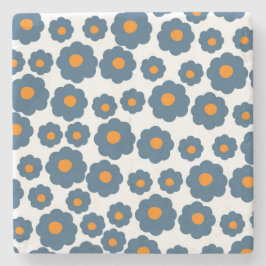 Whimsical Blue & Orange Floral Retro, fröhlich Steinuntersetzer