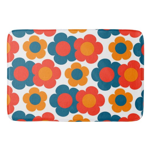 Whimsical Blue & Orange Floral Retro heiter Badematte (Vorderseite)