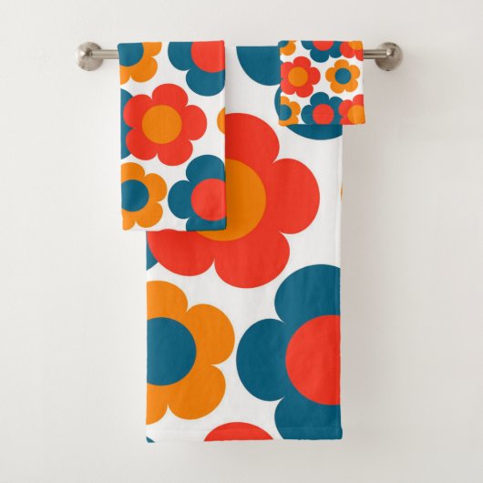 Whimsical Blue & Orange Floral Retro heiter Badhandtuch Set (Insitu)