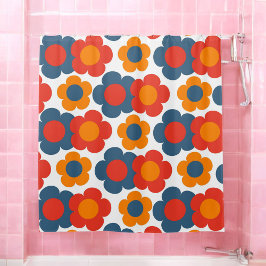 Whimsical Blue & Orange Floral Retro heiter Duschvorhang