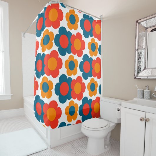 Whimsical Blue & Orange Floral Retro heiter Duschvorhang (Beispiel)