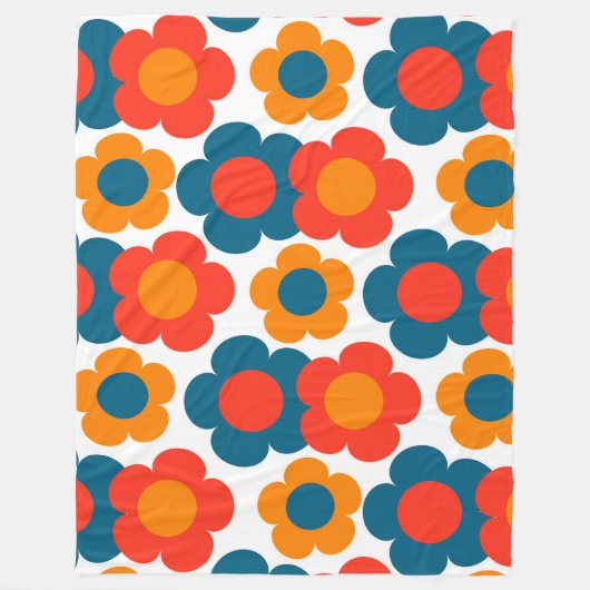 Whimsical Blue & Orange Floral Retro heiter Fleecedecke (Vorderseite)