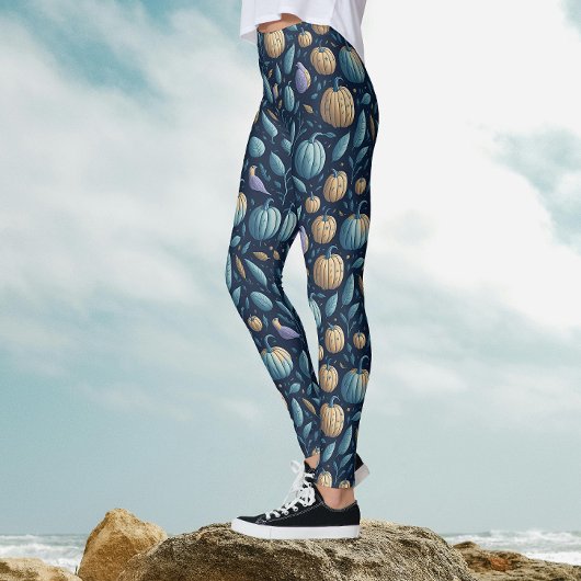 Whimsical Blue Orange Pumpkin Halloween Muster Leggings