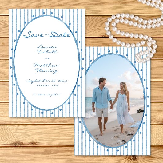 Whimsical Blue Oval Watercolor Stripe Photo Save The Date