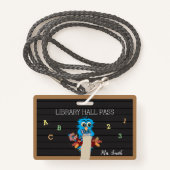 Whimsical Blue Owl Horizontal Hall Pass Abzeichen Ausweis (Vorderseite mit Schlüsselband)