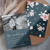 Whimsical Blue Pink Floral Photo Wedding Einladung