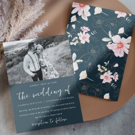 Whimsical Blue Pink Floral Photo Wedding Einladung