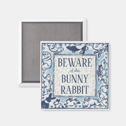 Whimsical Blue Rabbit Tile Dedham Beware Magnet (Vorderseite/Rückseite)