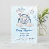 Whimsical Blue Rainbow Teddy Bear Baby Dusche Einladung (Stehend Vorderseite)
