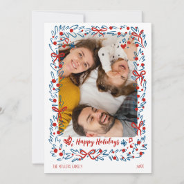 Whimsical blue red Christmas Photo Card wreath Feiertagskarte