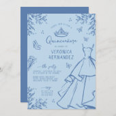 Whimsical Blue Scribble Quinceanera Einladung (Vorne/Hinten)