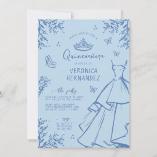 Whimsical Blue Scribble Quinceanera Einladung