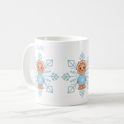 Whimsical Blue Snowflake und Winter Gingerbrot Kaffeetasse (Vorderseite Links)