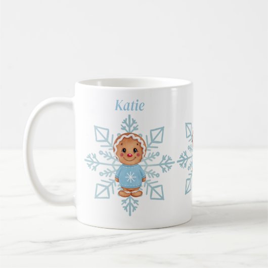 Whimsical Blue Snowflake und Winter Gingerbrot Kaffeetasse (Links)