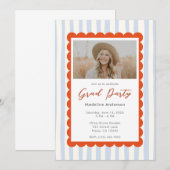 Whimsical Blue Stripes Graduation Party Photo Einladung (Vorne/Hinten)