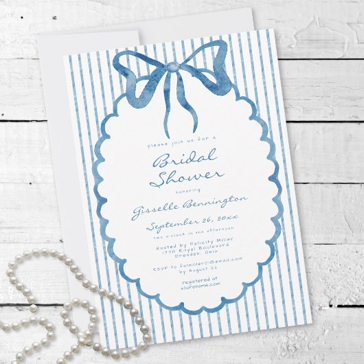 Whimsical Blue Watercolor Bow Stripe Bridal Shower Einladung