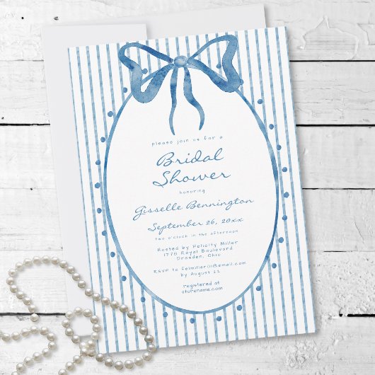 Whimsical Blue Watercolor Bow Stripe Bridal Shower Einladung