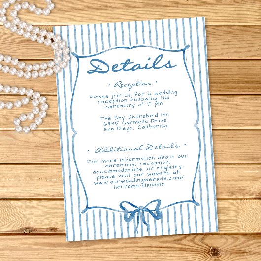Whimsical Blue Watercolor Bow Stripe Wedding Begleitkarte