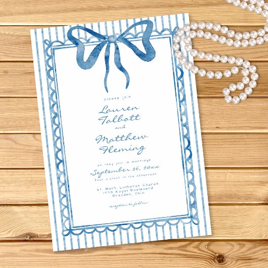 Whimsical Blue Watercolor Bow Stripe Wedding Einladung