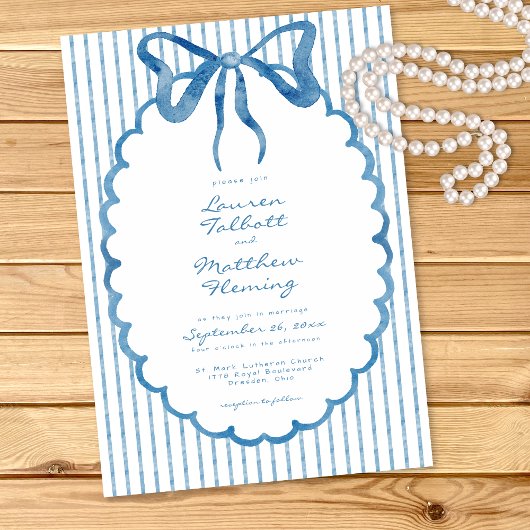 Whimsical Blue Watercolor Bow Stripe Wedding Einladung