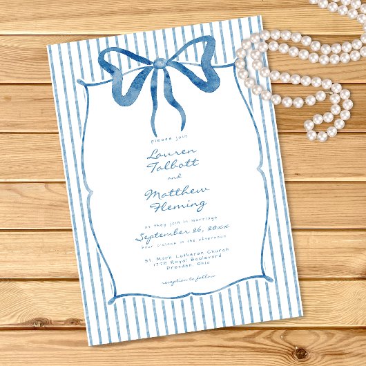 Whimsical Blue Watercolor Bow Stripe Wedding Einladung