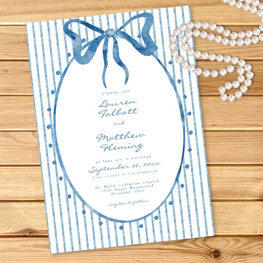 Whimsical Blue Watercolor Bow Stripe Wedding Einladung