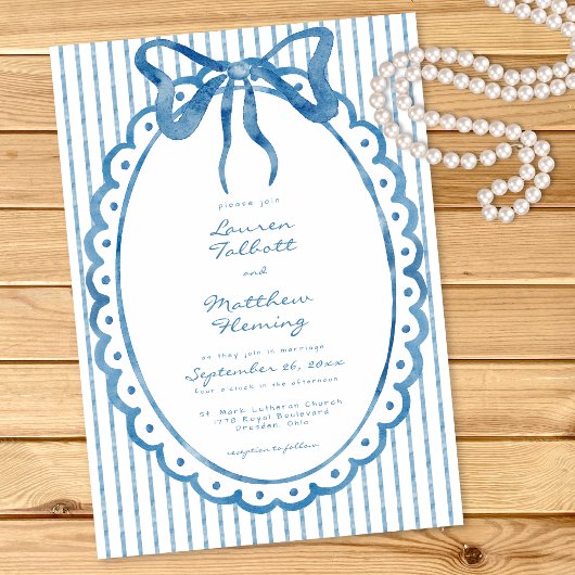 Whimsical Blue Watercolor Bow Stripe Wedding Einladung