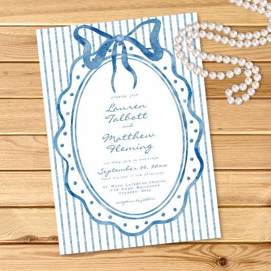 Whimsical Blue Watercolor Bow Stripe Wedding Einladung