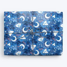 Whimsical Blue Watercolor Moths and Moon Geschenkpapier