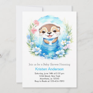 Whimsical Blue Watercolor Otter Boy Baby Dusche Einladung