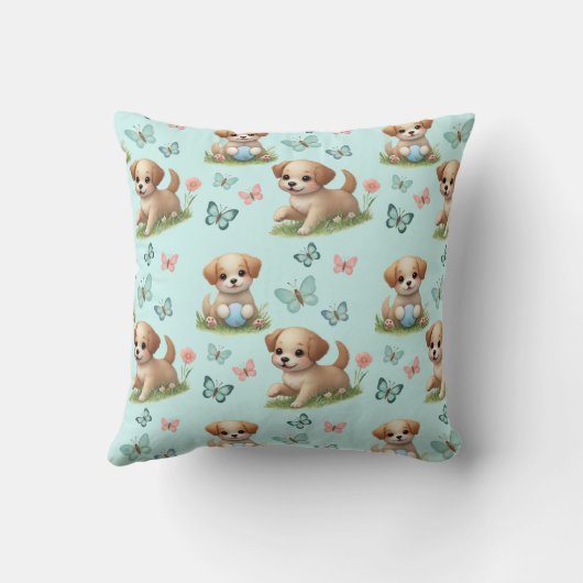 Whimsical Blue Watercolor Puppies and Butterflies Kissen (Rückseite)