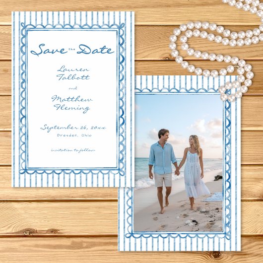 Whimsical Blue Watercolor Stripe Photo Wedding Save The Date