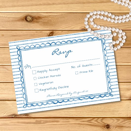 Whimsical Blue Watercolor Stripe Wedding RSVP Karte