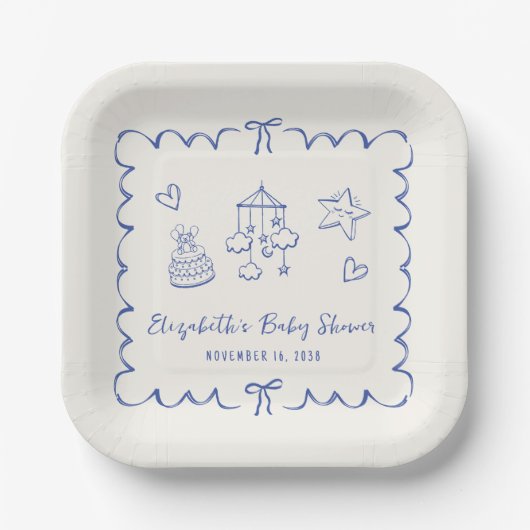 Whimsical Blue Wavy Frame Baby Boy Dusche Pappteller (Vorderseite)