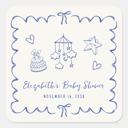 Whimsical Blue Wavy Frame Baby Boy Dusche Quadratischer Aufkleber (Vorderseite)