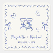 Whimsical Blue Wavy Frame Cream Wedding Quadratischer Aufkleber (Vorderseite)