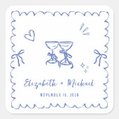 Whimsical Blue Wavy Frame Wedding Quadratischer Aufkleber (Vorderseite)