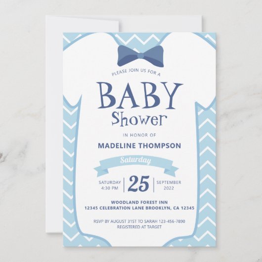 Whimsical Blue White Bow Krawatte Baby Boy Baby Du Einladung (Vorderseite)