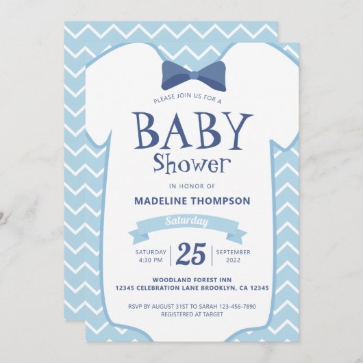 Whimsical Blue White Bow Krawatte Baby Boy Baby Du Einladung (Vorne/Hinten)