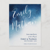 Whimsical Blue White Snowflake Elegante Hochzeit Ankündigungspostkarte (Vorderseite)